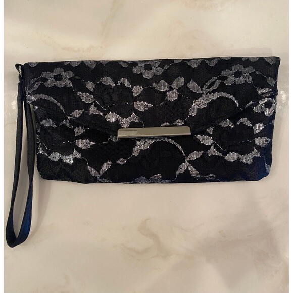 Icing Black Clutch Elegant Embossed Iridescent Silver Wristlet Formal Luxury Bag - Picture 1 of 10